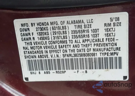 2008 Honda Odyssey Lx из США, поврежденный, VIN 5FNRL38258B080981